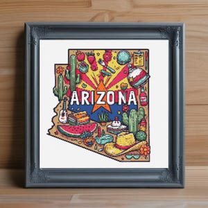 Arizona, motif point de croix PDF, carte de l'état, broderie, paysage désertique, décoration sud-ouest, téléchargement immédiat