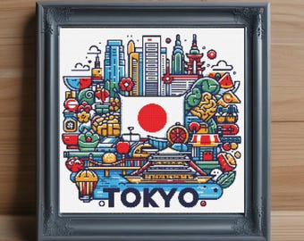 Tokyo Cross Stitch Pattern PDF, Japan Cityscape Embroidery Design, City Skyline, Travel Souvenir Needlepoint, Modern Decor, Instant Download