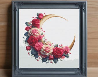 Moon Roses Cross Stitch Pattern, Celestial Floral Design (PDF)