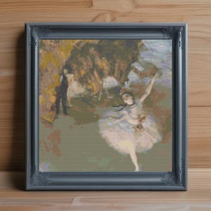 May include: Framed artwork featuring a ballerina in a white tutu, captured mid-dance. The painting has a soft, impressionistic style with muted tones of blue, yellow, and green. The gray frame has ornate detailing, adding a classic touch to the piece.