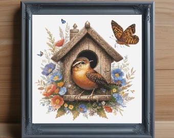 Wren Cross Stitch Pattern, Songbird Embroidery Design (PDF)