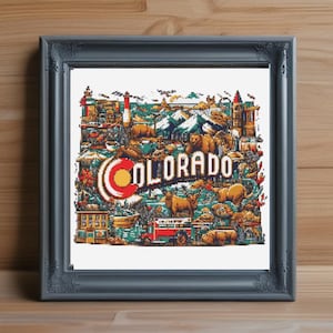 May include: A colorful illustration of various landmarks and symbols representing Colorado, including mountains, a bear, a bus, and the state's outline with the word "COLORADO" in bold letters.