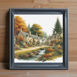 English Village Cross Stitch Pattern PDF, Countryside Embroidery Design, Scenic Landscape Needlepoint, Rustic Cottage PDF, Instant Download