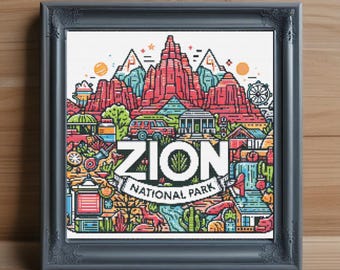 Zion National Park Cross Stitch Pattern PDF, Mountain Landscape Embroidery Design, Scenic Nature, Travel Needlepoint Art, Instant Download
