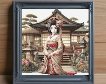 Geisha Cross Stitch Pattern, Japanese Embroidery Art (PDF Download)