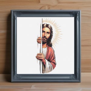Puede incluir: Un patrón de punto de cruz de Jesús asomándose por una esquina, con un halo de luz detrás de él.
