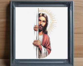 Op de afbeelding: Een kruissteekpatroon van Jezus die om een hoek kijkt, met een halo van licht achter hem.