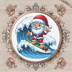 May include: Santa Claus is riding a surfboard on a blue wave with white foam. He is wearing a red suit with white trim and a white beard. He is holding his hands up in the air, as if he is surfing.