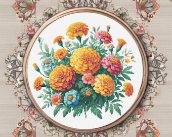 May include: A cross-stitch embroidery of a bouquet of orange, yellow, pink, and blue flowers in a round wooden frame.
