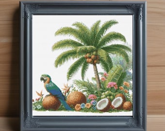 Schema punto croce con palma e pappagallo, scena tropicale (download PDF)