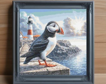 Puffin Cross Stitch Pattern, Coastal Bird Needlepoint (PDF Download)