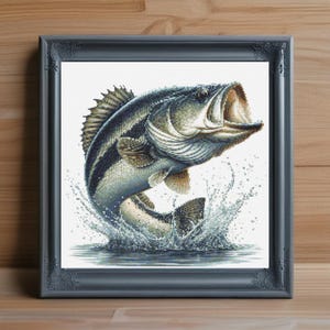 May include: A largemouth bass leaping out of the water with its mouth open. The fish is depicted in a realistic style with detailed scales and fins. The background is a white canvas.