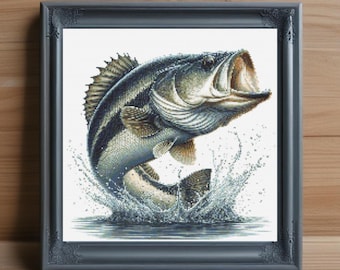 May include: A largemouth bass leaping out of the water with its mouth open. The fish is depicted in a realistic style with detailed scales and fins. The background is a white canvas.