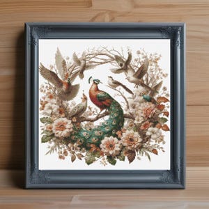 May include: Framed cross-stitch artwork featuring a peacock with a vibrant green and blue tail, surrounded by birds and flowers. The artwork is set in a gray ornate frame, creating a vintage aesthetic. The color palette includes shades of green, brown, and peach.