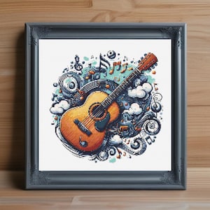 Acoustic Guitar Cross Stitch Pattern PDF, Music Embroidery Design, Folk Needlepoint PDF, Guitar Lover Gift, Instant Download CrossStitch Art