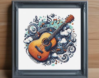 Pode incluir: Um padrão de ponto cruz com uma ilustração colorida de um violão acústico com notas musicais e redemoinhos. O violão é marrom com um acabamento de madeira clara e é cercado por acentos azuis, verdes e laranja.