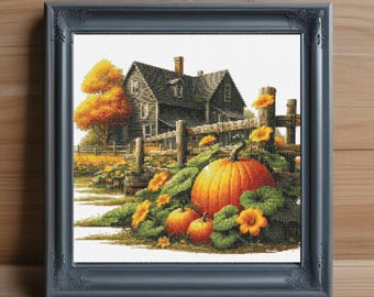 Pumpkin Flower Cross Stitch Pattern, Fall Floral Embroidery (PDF Download)