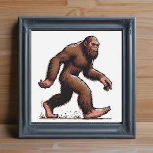 May include: An illustration of Bigfoot walking to the right. The Bigfoot is brown and black with a hairy body and a large head with a beard.