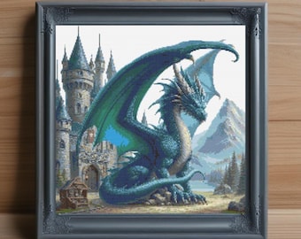 Blue Dragon Fantasy Cross Stitch Pattern, Mythical Creature (PDF Pattern)