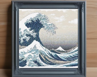 May include: Framed artwork depicting Hokusai's "The Great Wave off Kanagawa" in a pixelated style. The image shows a large wave in shades of blue and white, with a mountain in the background. The artwork is set in a dark grey ornate frame.