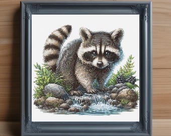 Patrón de punto de cruz de mapache, bordado de animales del bosque (descarga PDF)