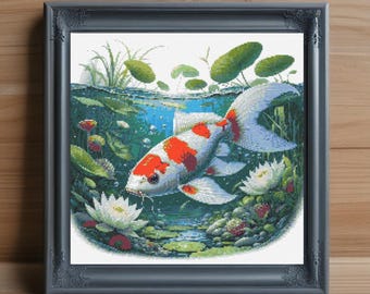鯉の池のクロスステッチ図案 PDF ダウンロード、鯉のクロスステッチ