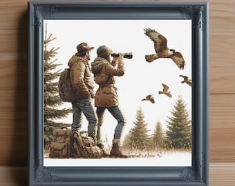 Bird Watcher Cross Stitch Pattern, Birding Embroidery Design (PDF)