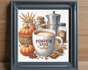 Pumpkin Spice Latte Cross Stitch Pattern, Fall Coffee Design (PDF Download)