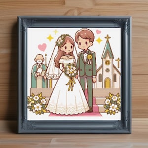 結婚クロスステッチパターン PDF、ウェディングクロスステッチ PDF、ロマンチックなカップルの刺繍パターン、ラブサンプラー、インスタントダウンロード PDF パターン