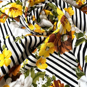 Vintage 1970’s remnant screen print yellow, orange and white pinstripes mid mod flower floral fabric piece, 72” x 44” with original tag