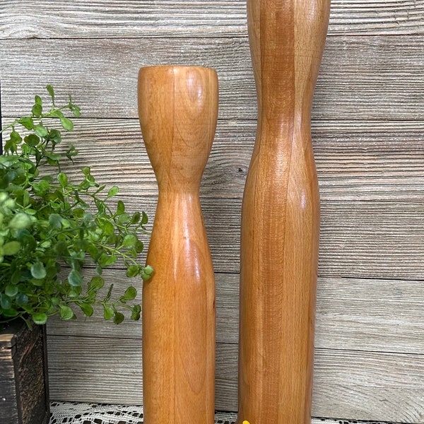 Vintage Danish MCM wooden staggered taper candlestick holders - set of 2 solid wood minimalist home decor
