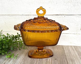 Vintage Indiana Glass Co. lidded pedestal candy dish - Amber mid century 1960’s collectable glass - open lace ribbed design