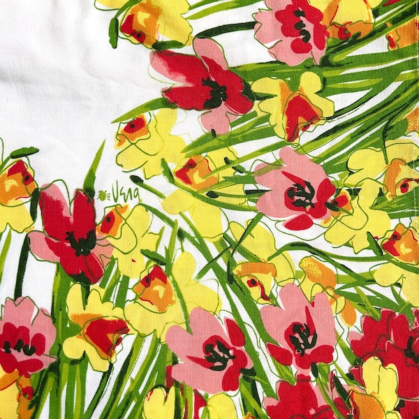 Vintage Vera screen printed spring flowers red and yellow floral table linen - 78” x 58” table cloth with poppies and daffodils