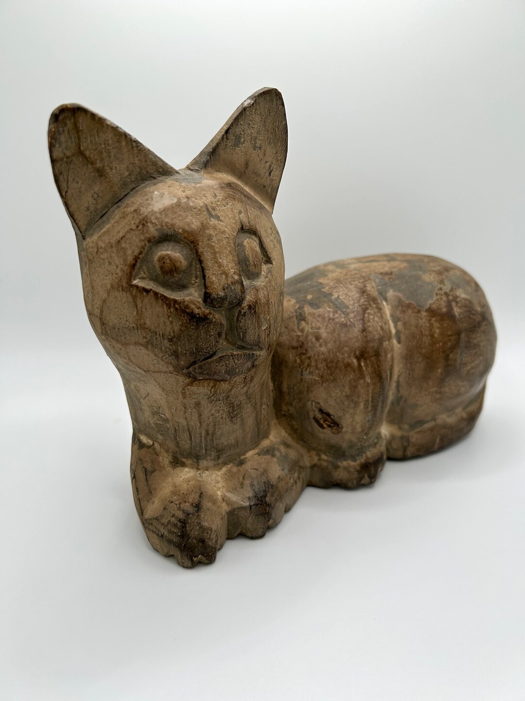 Vintage Handcarved Wooden Cat Figurine Shelf Sitter Etsy