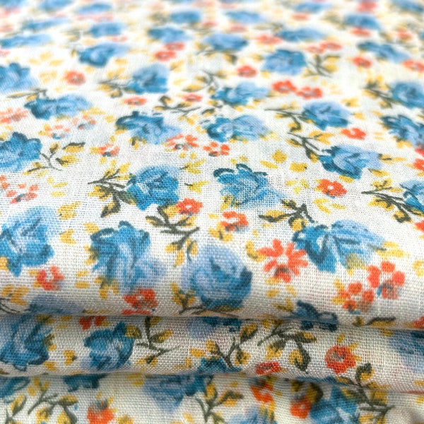 Vintage cotton blue, yellow and red ditsy floral fabric piece - remnant - 96” x 44”