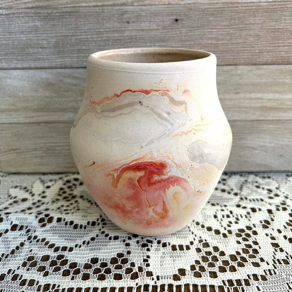 Vintage hand-thrown Nemadji USA pottery vase - sandy matte clay orange and gray marble swirl design- collectible unique home decor