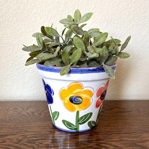 May include: A white ceramic flower pot with a blue rim and colorful floral designs. The pot contains a green leafy plant. The flowers are blue, yellow, and red with green stems and leaves. The pot is sitting on a wooden surface.