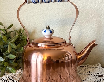 Vintage copper Delft blue Danish tea pot - tea kettle with porcelain handle - primitive French farmhouse kitchenware