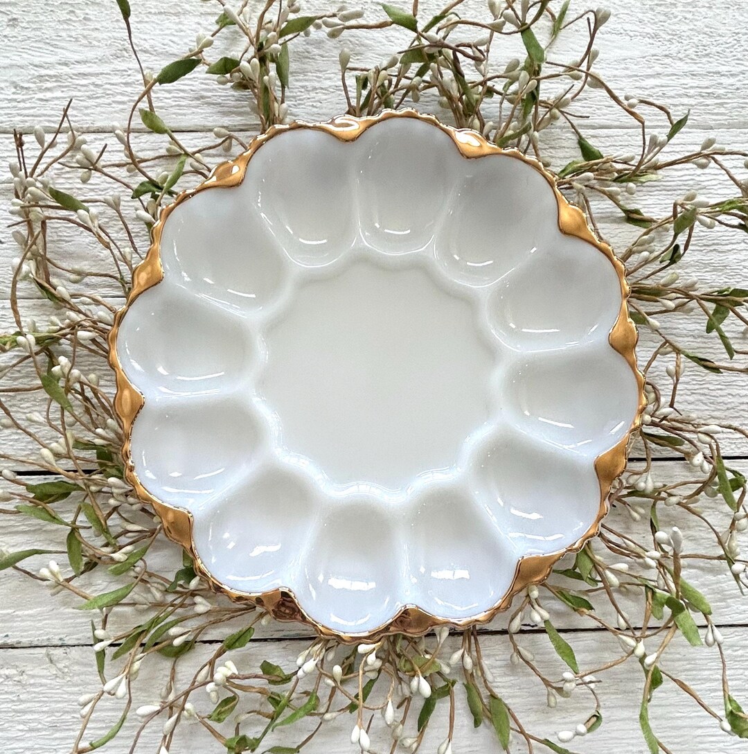 Vintage Anchor Hocking Milk Glass Deviled Egg Serving Plate - Fire King