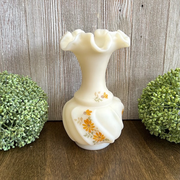 Fenton vintage handpainted satin glass signed melon vase -double crimped ruffled edge with daisies design - flower vessel -collectible glass