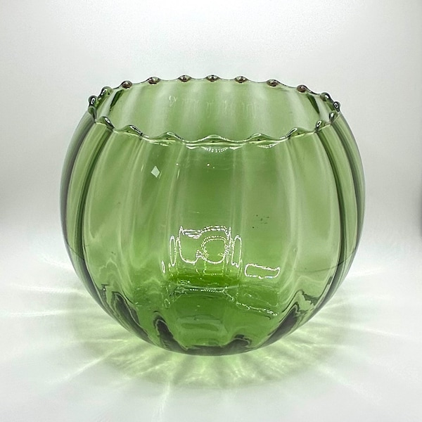 Vintage 1970’s Empoli hand-blown green art glass fishbowl style vase - home decor with inner optic ribbing