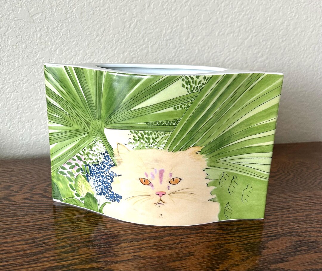レアMinou-ettes by C. Pradalie - 1985 Cat Vintage Minu-etts by C. Pradalie Cat Vase - 1985 Porcelain Oblong