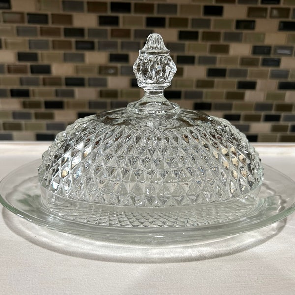 Vintage Indiana Glass Diamond Point pattern clear glass lidded butter dish - minimalistic kitchenware