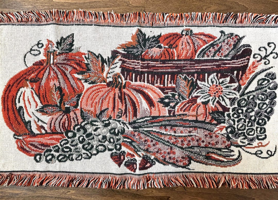 Vintage 1990’s Autumn Pumpkin Tapestry Runner - Knit Table Linen, 42.5 ...