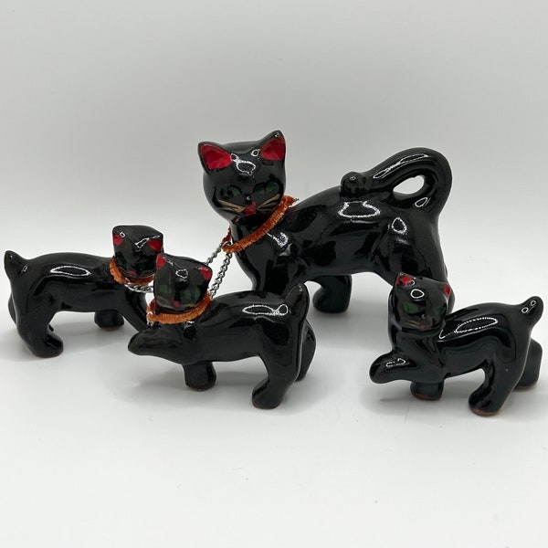 Shafford Japan Redware Pottery black cats on chains set -vintage Halloween 1950’s home decor- mom and kittens -kitschy collectable figurines