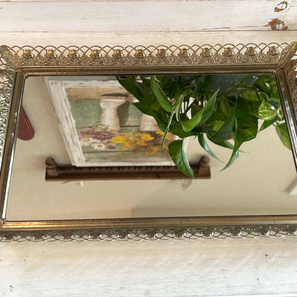 Large Vintage Art Nouveau 1970’s mirrored vanity or bar top tray with gold filigree floral edging - boho or maximalist home decor