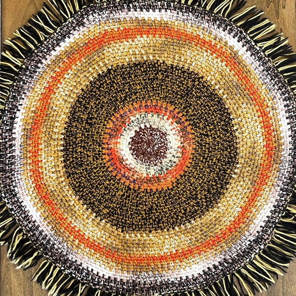 36” round mid-century hand-crocheted vintage rug - groovy 1960- 1970’s era home accent piece with fringe edging