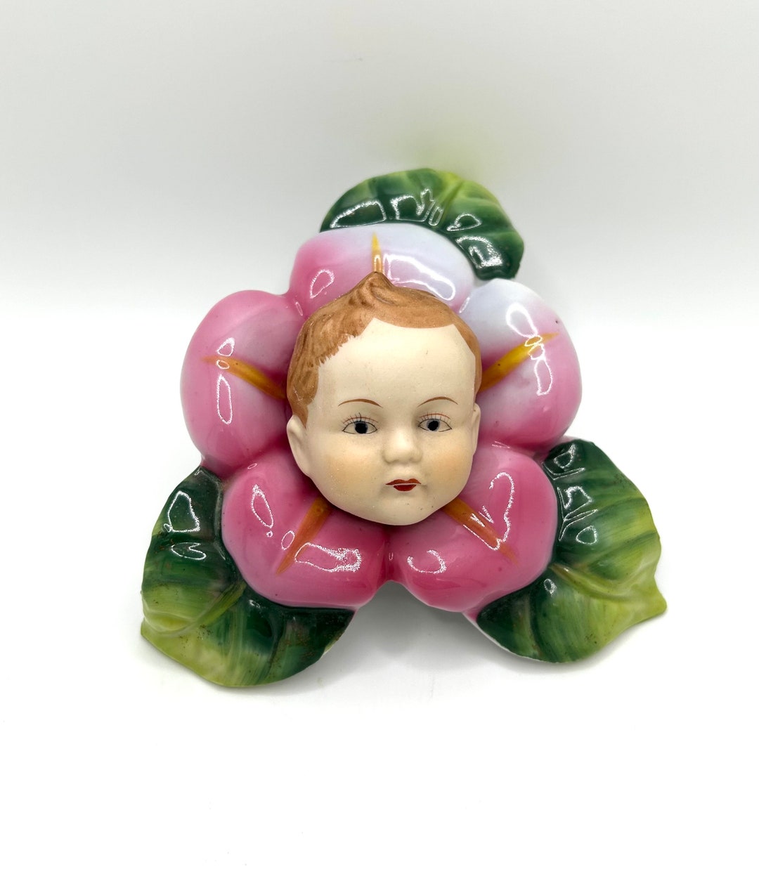 Vintage Handpainted Ardalt Japan Porcelain Baby Face In Pink Flower 