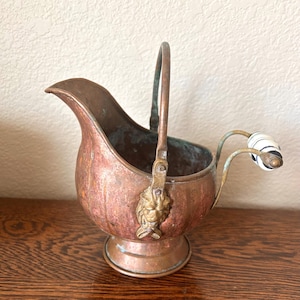 Victorian antique copper scuttle bucket with lions head handle - aged metal patina decorative collectable vessel - vase or planter
