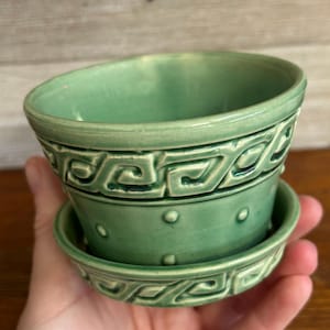 McCoy vintage small green Greek key planter - collectable American Art Pottery - farmhouse home decor